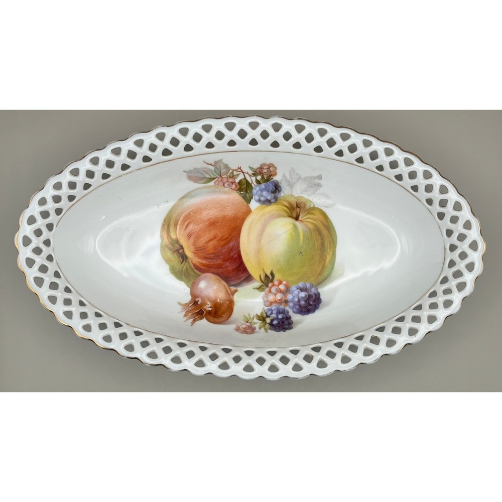 Vtg Schumann Bavaria Reticulated‎ Porcelain Oval Bowl Fruit Motif Gold Trim 11"
